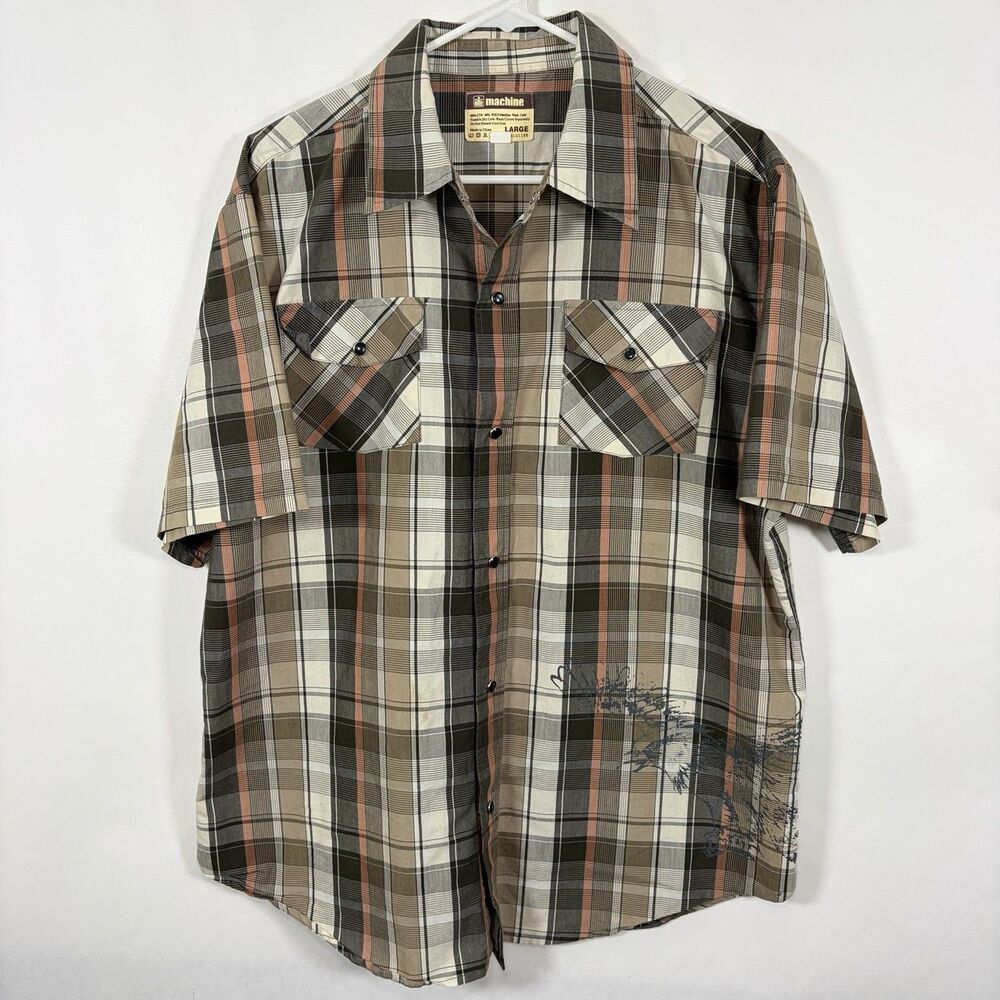 MK Machine Short Sleeve Pearl Snap Shirt Mens Large Brown Orange Plaid Eagle